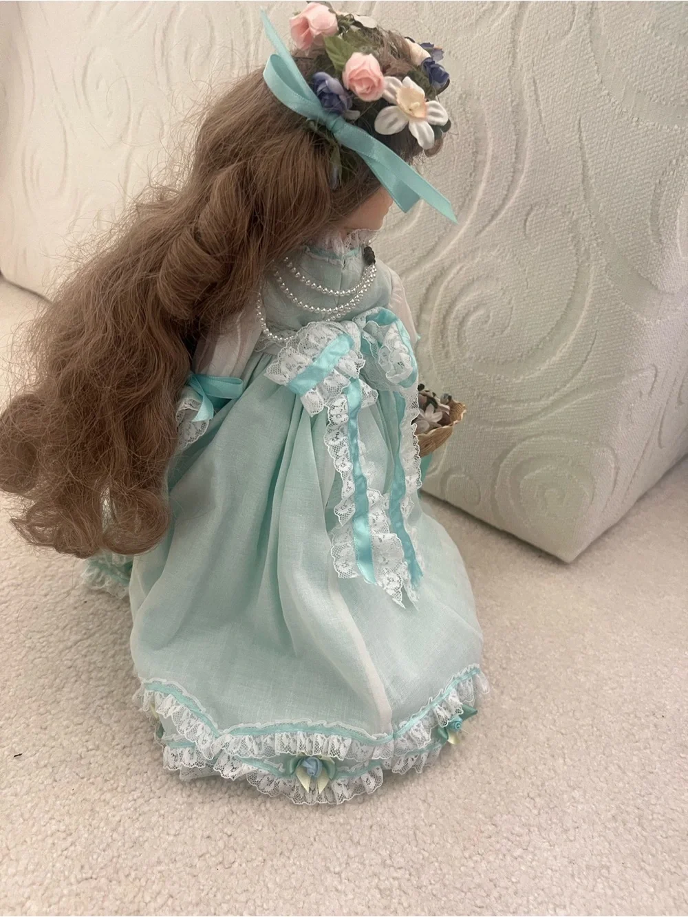 Vintage Collectible Mint Green Porcelain Doll Floral Headpiece BasketCollectible